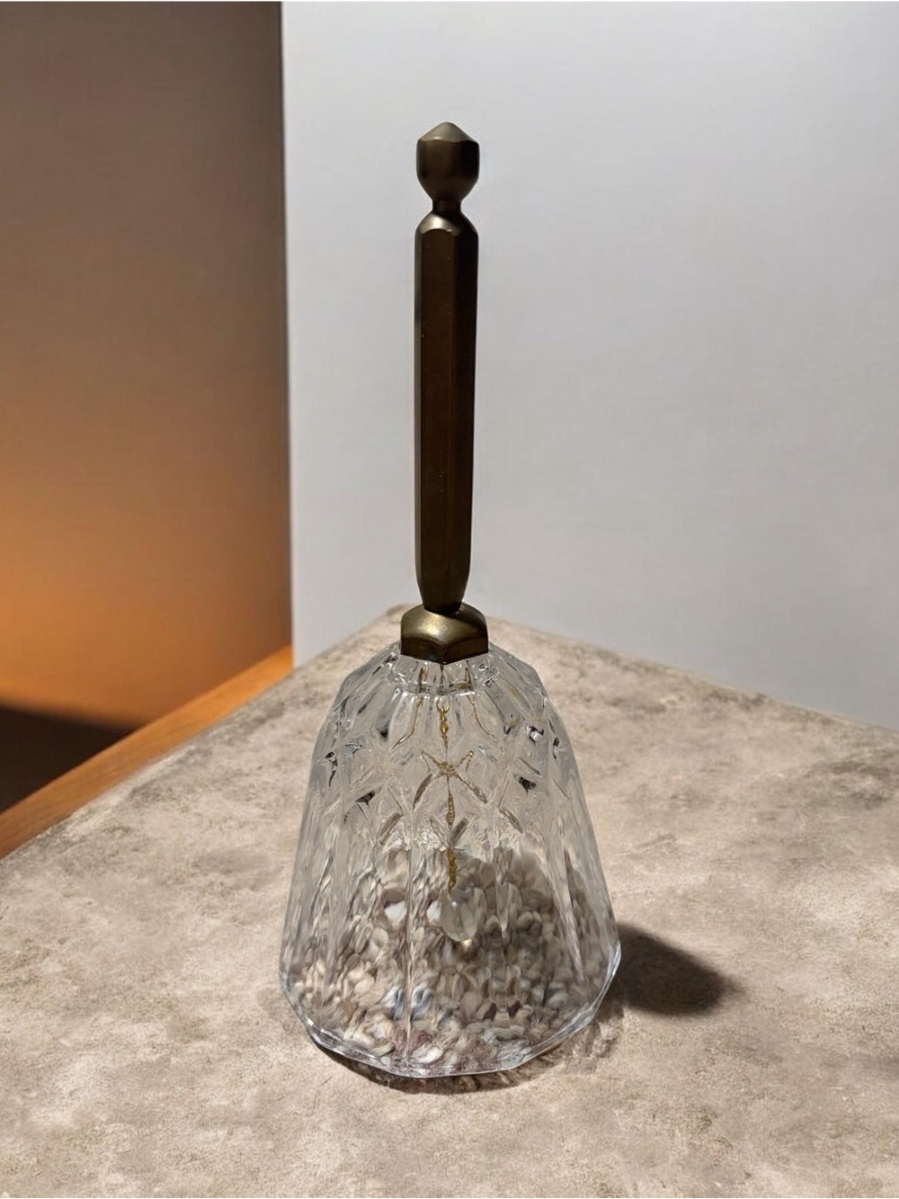 Vintage Lead Crystal Bell with Brass Handle Diamond Cut Glass 7.5" Tall